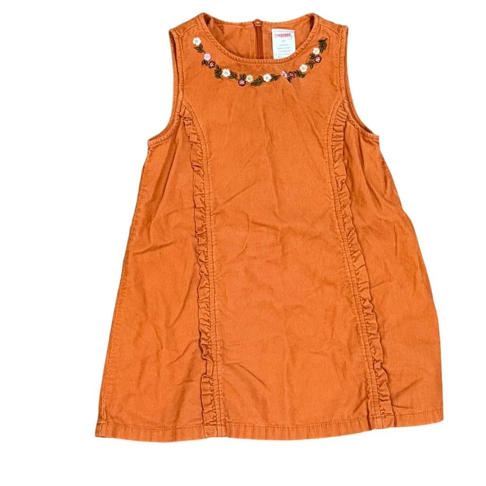 VTG Gymboree Girls Orange Corduroy Dress 2T Embroidered Floral Sleeveless Autumn